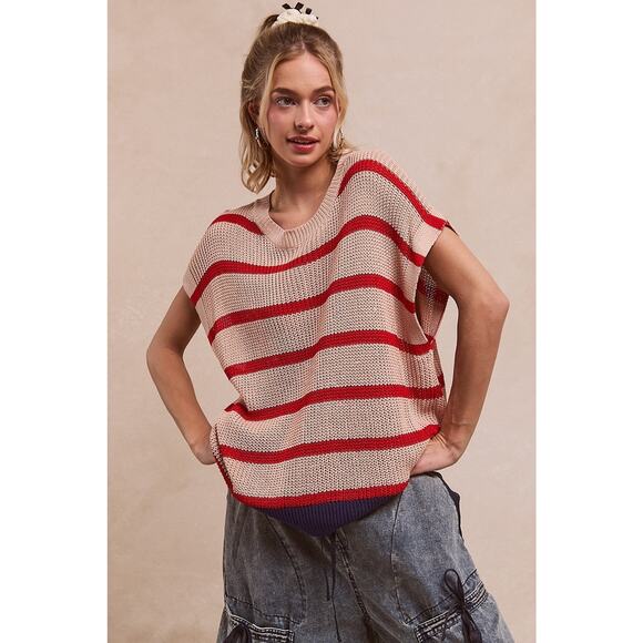 BiBi Fourth Of July Stripe Pattern Drop Shoulder Pullover Sweater | Oatmeal/Red - Picture 6 of 9